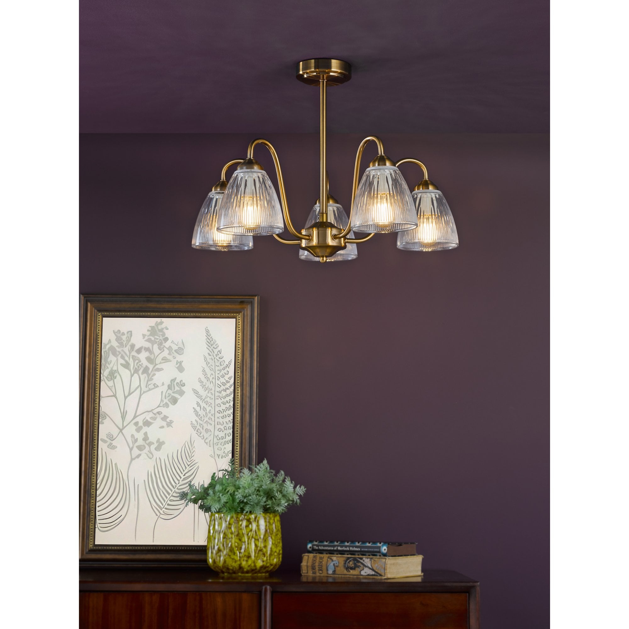Glynis 5 Light Semi Flush Ceiling Light In Brushed Bronze With Ribbed Glass Shade GLY5463