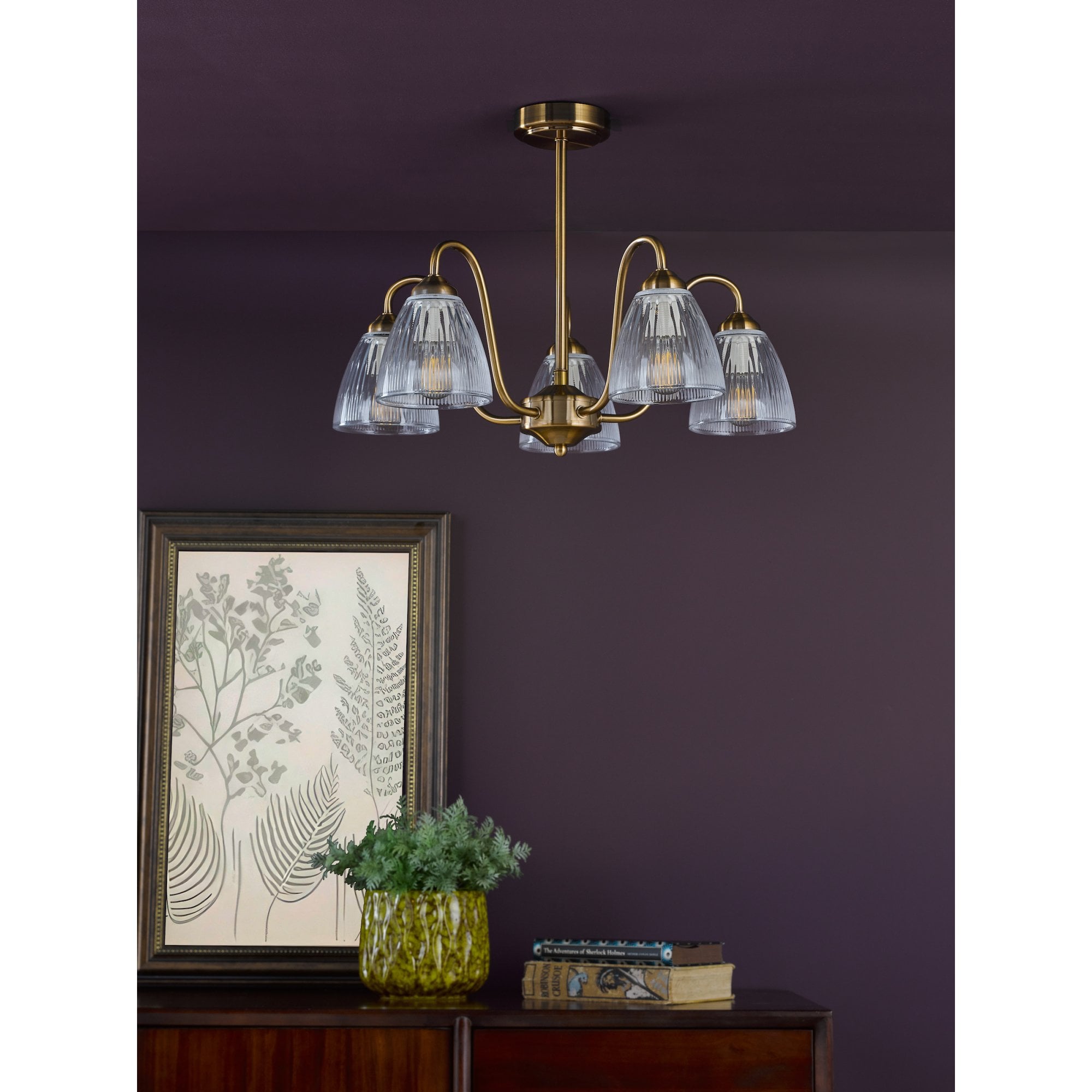 Glynis 5 Light Semi Flush Ceiling Light In Brushed Bronze With Ribbed Glass Shade GLY5463