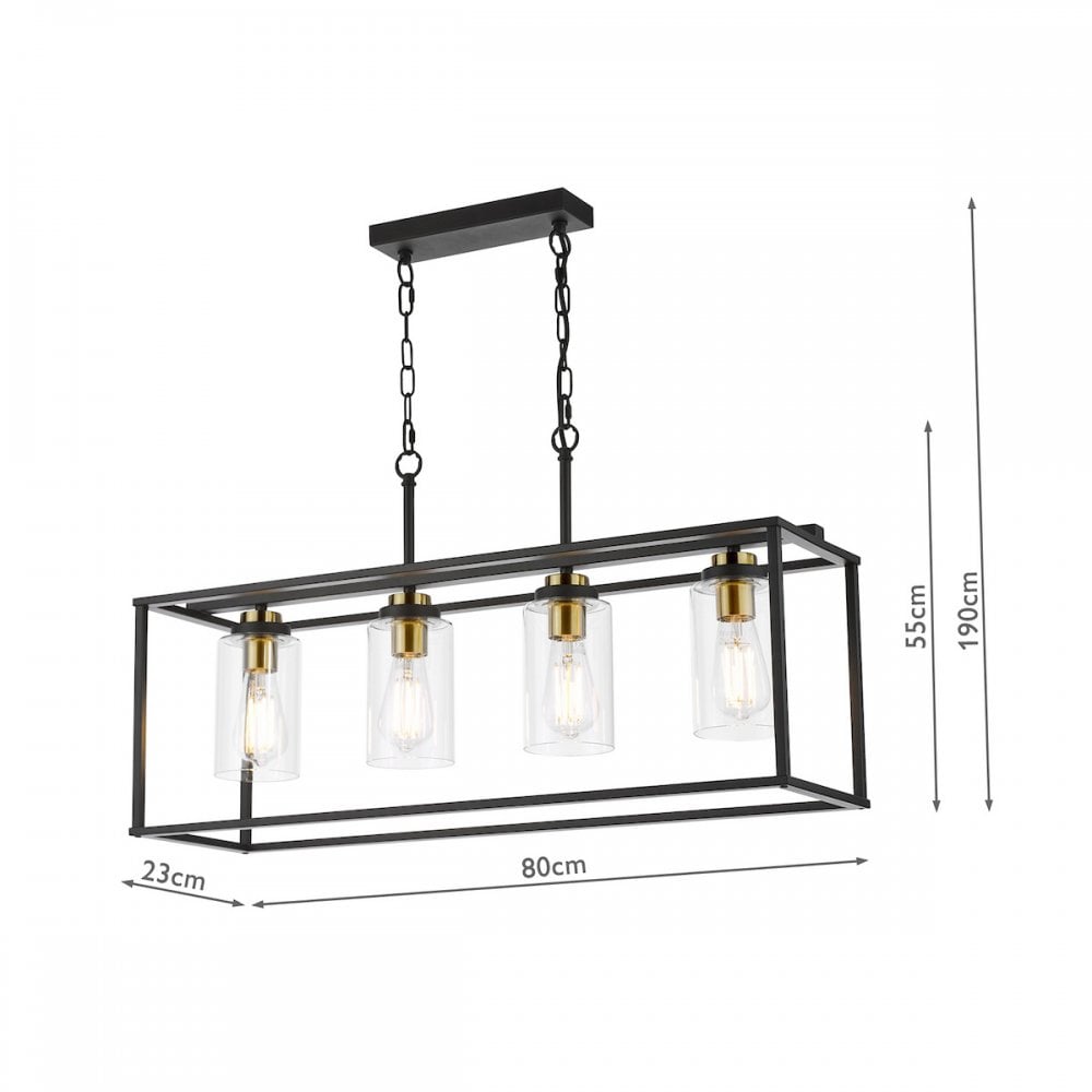 Abel 4 Light Ceiling Bar Pendant Light In Satin Black Finish With Glass Shades ABE8454
