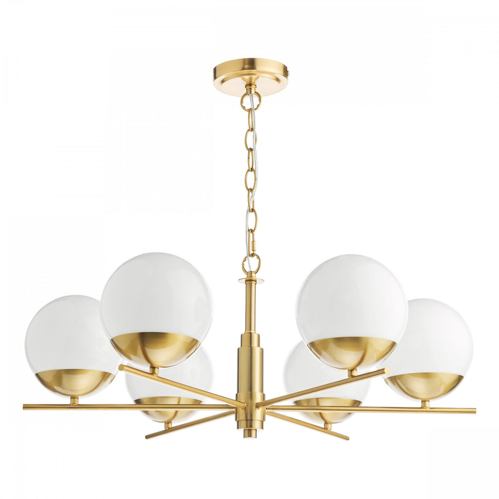Bombazine 6 Light Ceiling Pendant Light In Natural Brass With Opal Glass Shades BOM0635