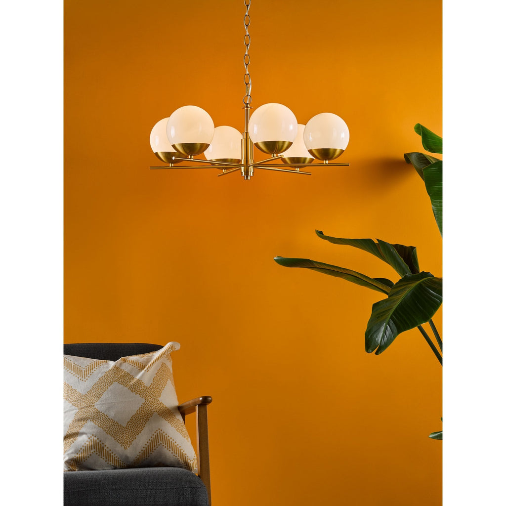 Bombazine 6 Light Ceiling Pendant Light In Natural Brass With Opal Glass Shades BOM0635