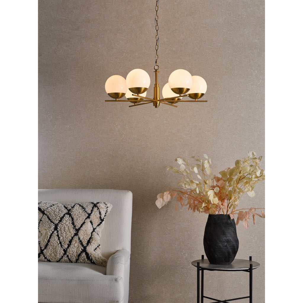 Bombazine 6 Light Ceiling Pendant Light In Natural Brass With Opal Glass Shades BOM0635