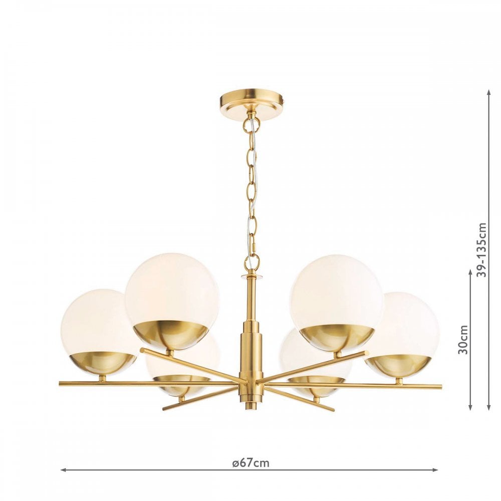 Bombazine 6 Light Ceiling Pendant Light In Natural Brass With Opal Glass Shades BOM0635