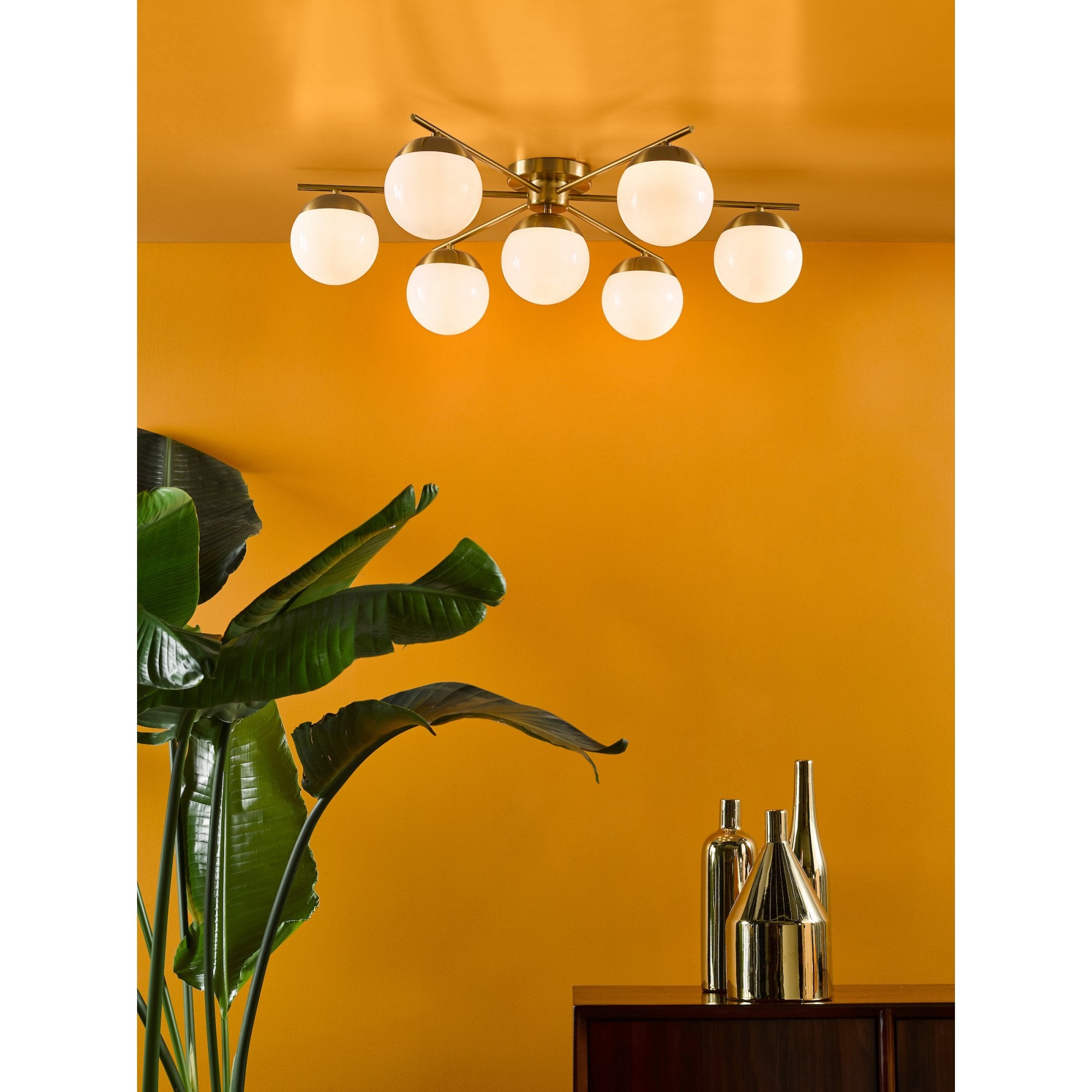 Bombazine 7 Light Semi Flush Ceiling Light In Natural Brass With Opal Glass BOM5035