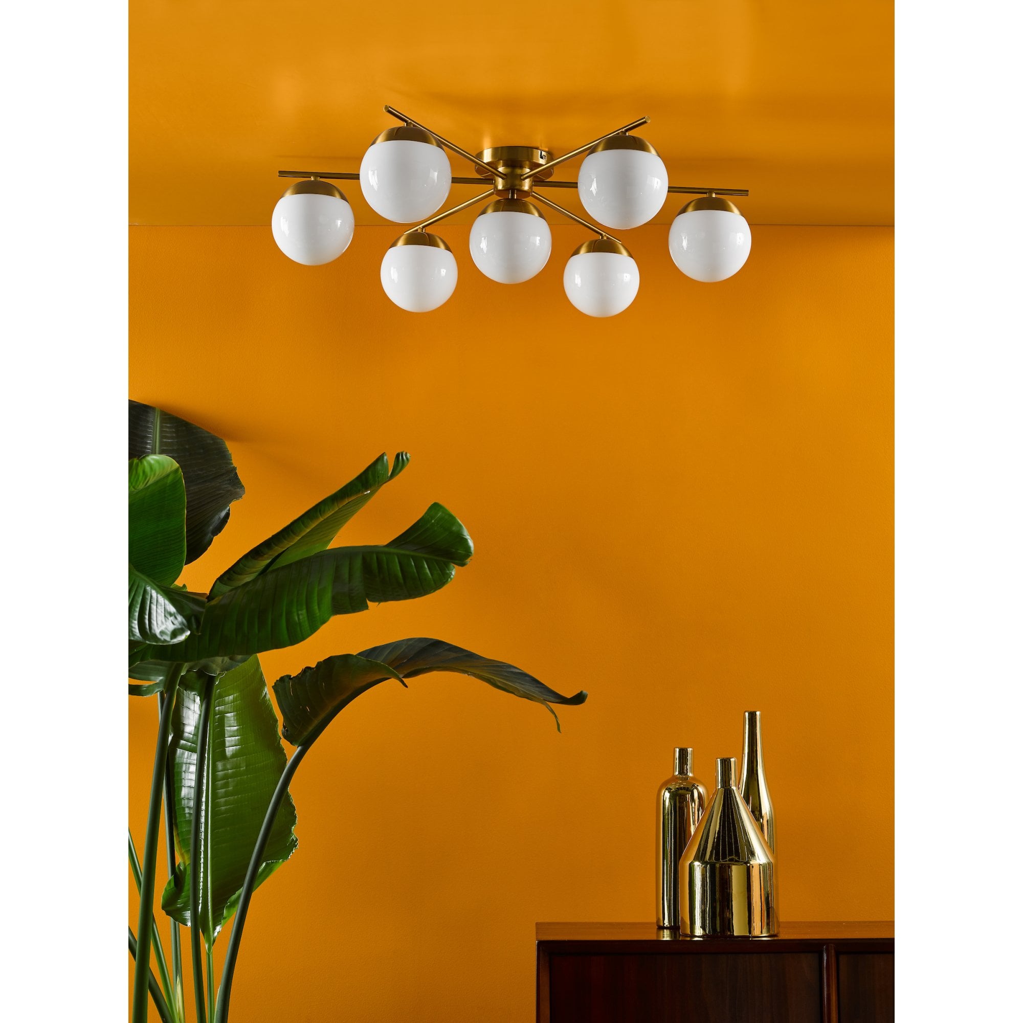 Bombazine 7 Light Semi Flush Ceiling Light In Natural Brass With Opal Glass BOM5035