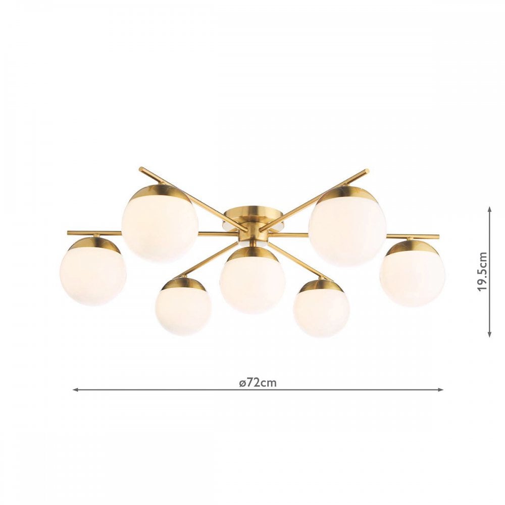 Bombazine 7 Light Semi Flush Ceiling Light In Natural Brass With Opal Glass BOM5035