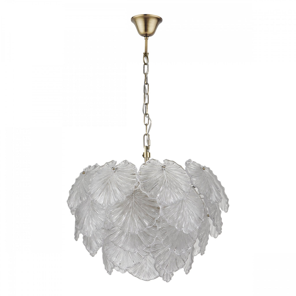 Courtney Stunning 10 Light Ceiling Pendant In Antique Brass With Sculpted Glass Leaves COU2375