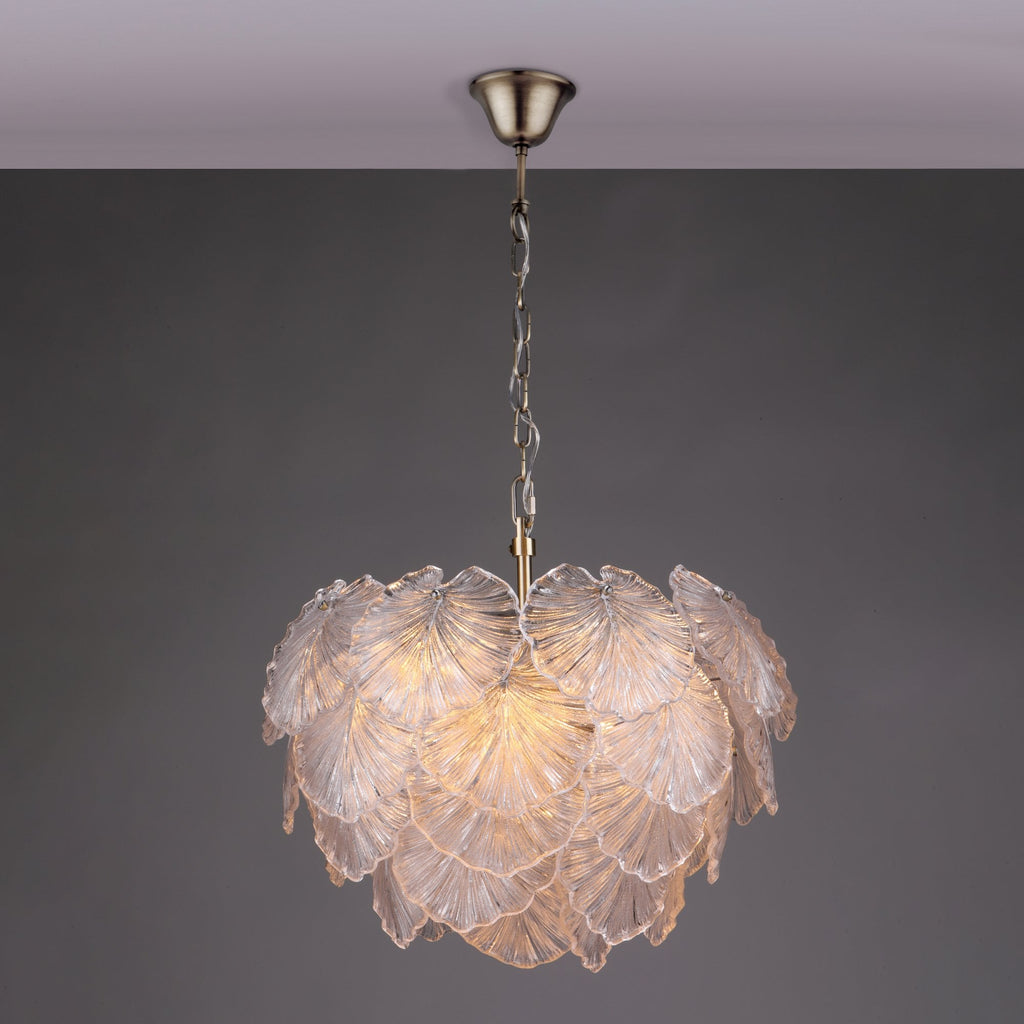 Courtney Stunning 10 Light Ceiling Pendant In Antique Brass With Sculpted Glass Leaves COU2375