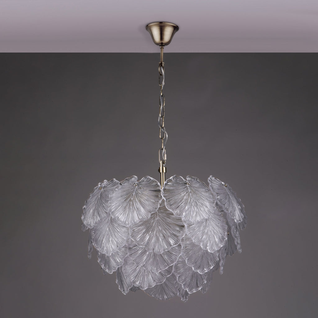 Courtney Stunning 10 Light Ceiling Pendant In Antique Brass With Sculpted Glass Leaves COU2375