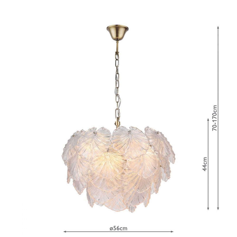 Courtney Stunning 10 Light Ceiling Pendant In Antique Brass With Sculpted Glass Leaves COU2375