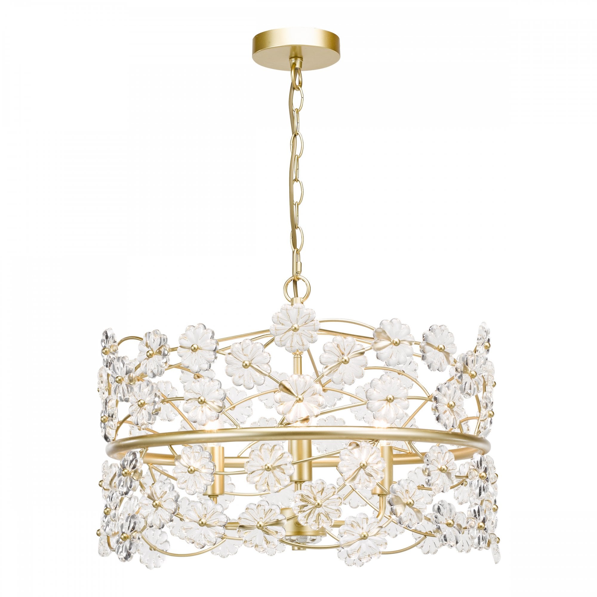 Fonda 3 Light Ceiling Pendant Light In Satin Gold With Beautiful Glass Flowers FON0335
