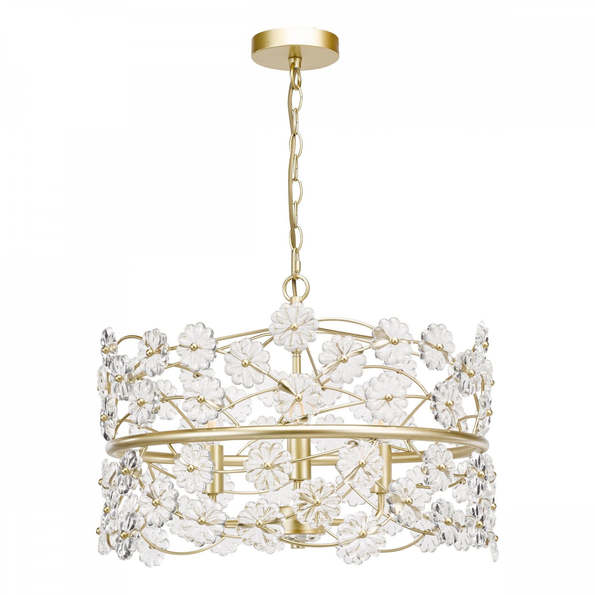 Fonda 3 Light Ceiling Pendant Light In Satin Gold With Beautiful Glass Flowers FON0335