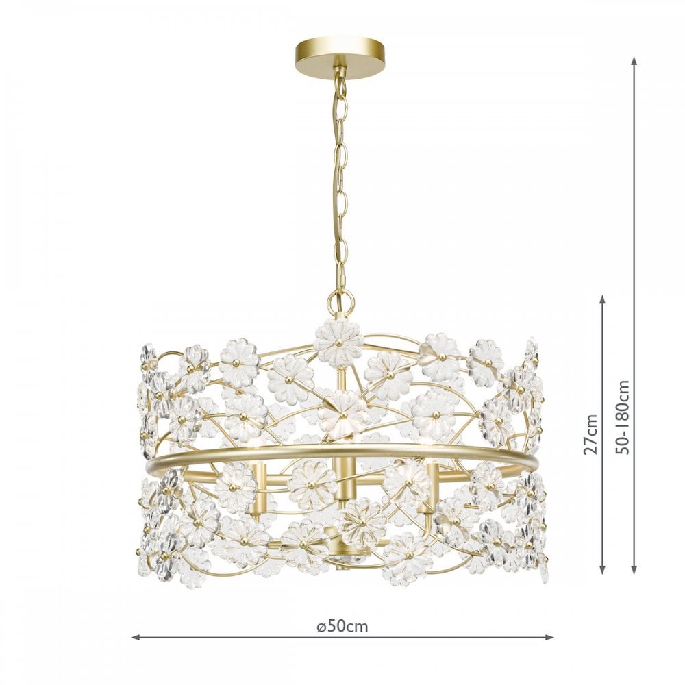 Fonda 3 Light Ceiling Pendant Light In Satin Gold With Beautiful Glass Flowers FON0335