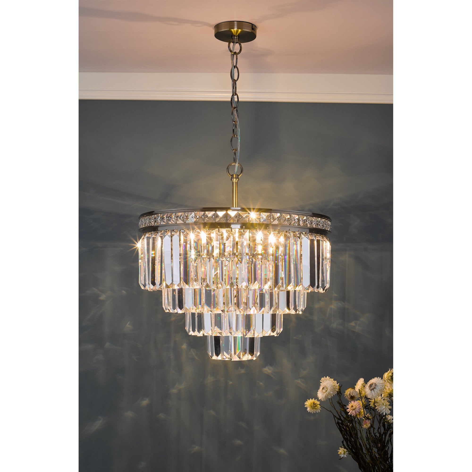 Vyana 4 Light Ceiling Chandelier In Antique Brass Finish With Clear Crystal Glass VYA0475