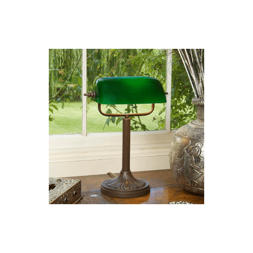 Traditional Bankers Table Lamp In Antique Bronze With Green Opal Glass Shade