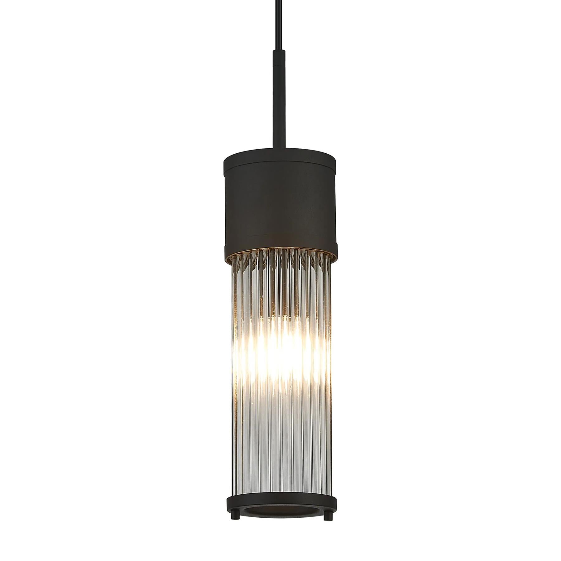 Pillar Bathroom Single Ceiling Pendant Light In Satin Black And Clear Glass Rods IP44 E14