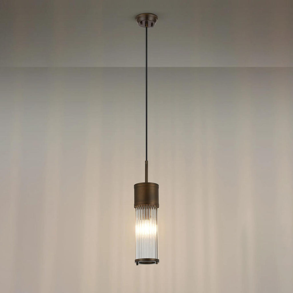 Pillar Bathroom Single Ceiling Pendant Light In Bronze And Clear Glass Rods IP44 E14
