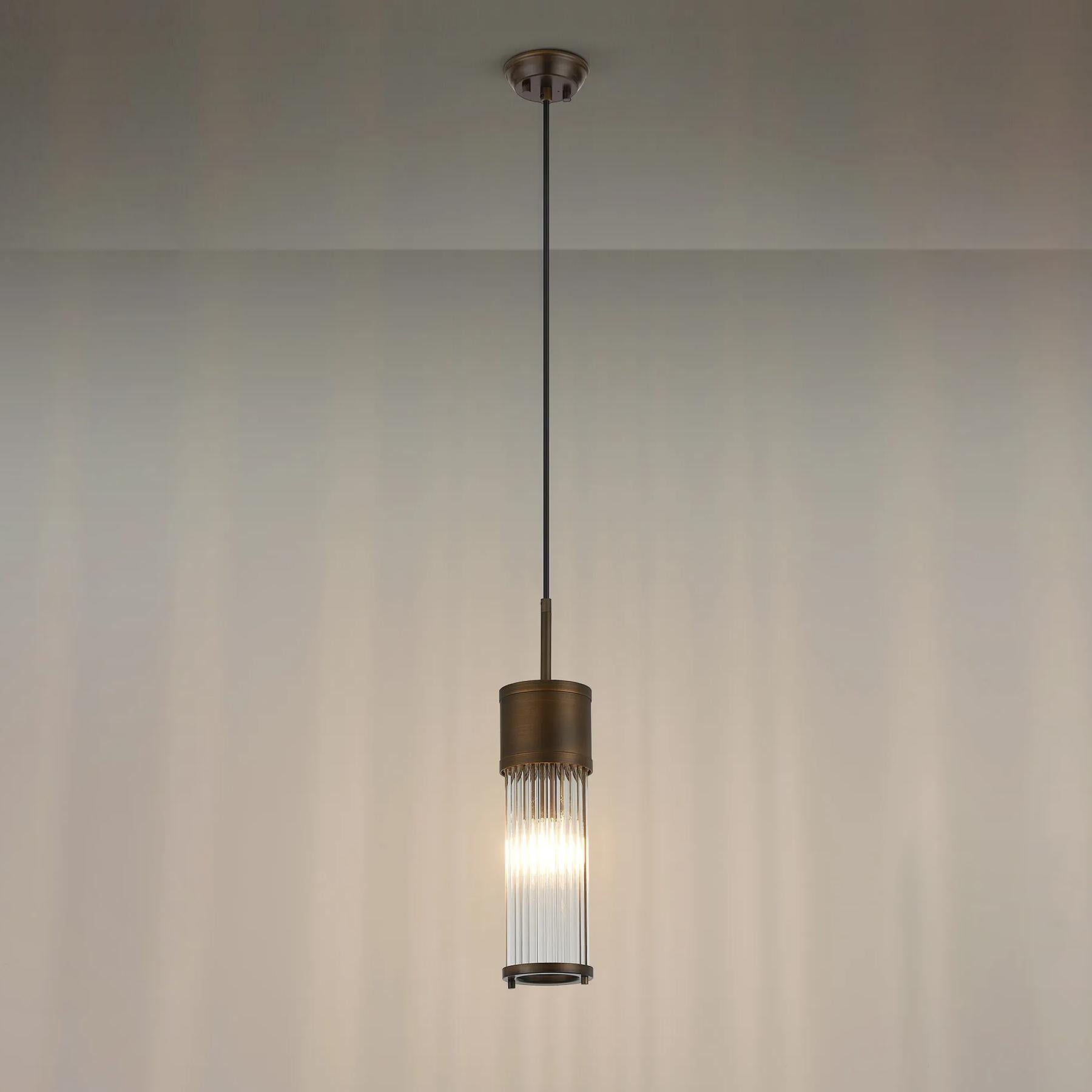 Pillar Bathroom Single Ceiling Pendant Light In Bronze And Clear Glass Rods IP44 E14