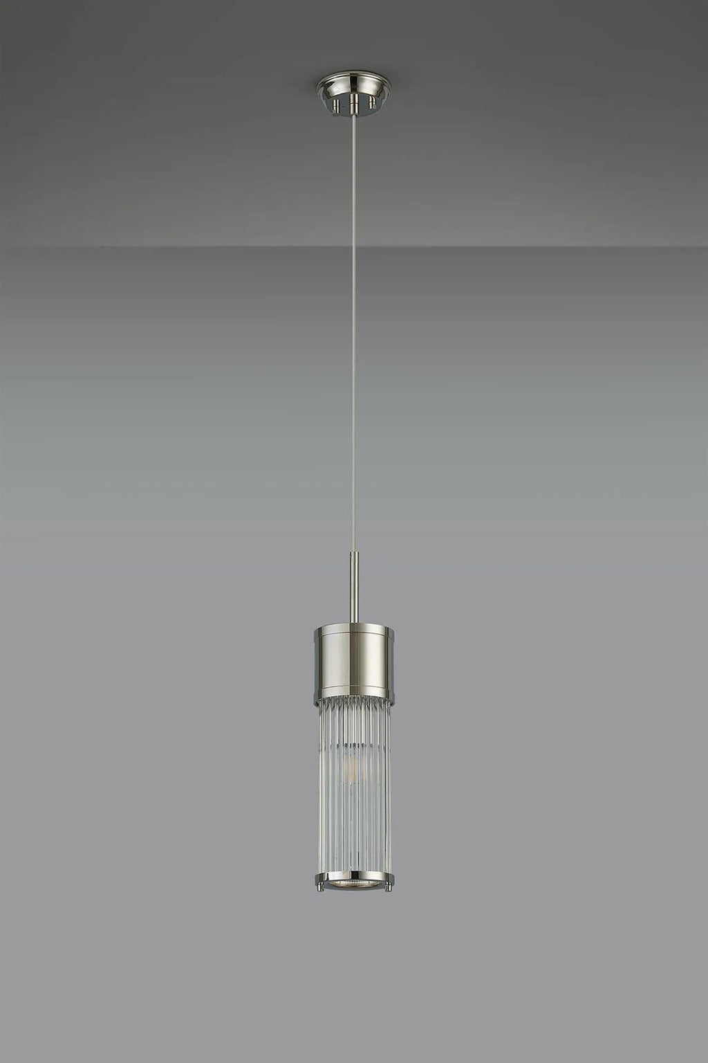 Pillar Bathroom Single Ceiling Pendant Light In Polished Nickel And Clear Glass Rods IP44 E14