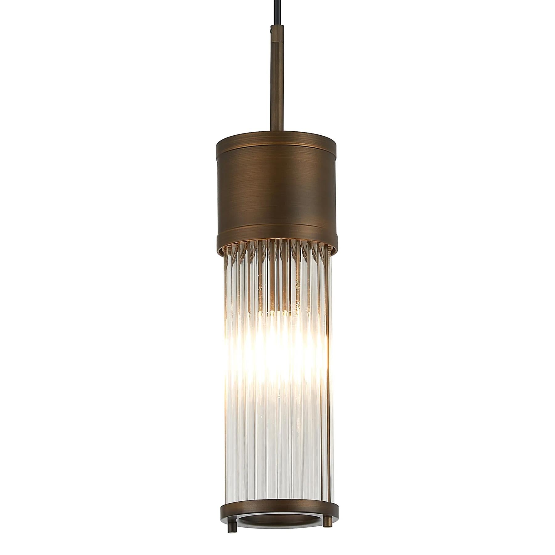 Pillar Bathroom Single Ceiling Pendant Light In Bronze And Clear Glass Rods IP44 E14