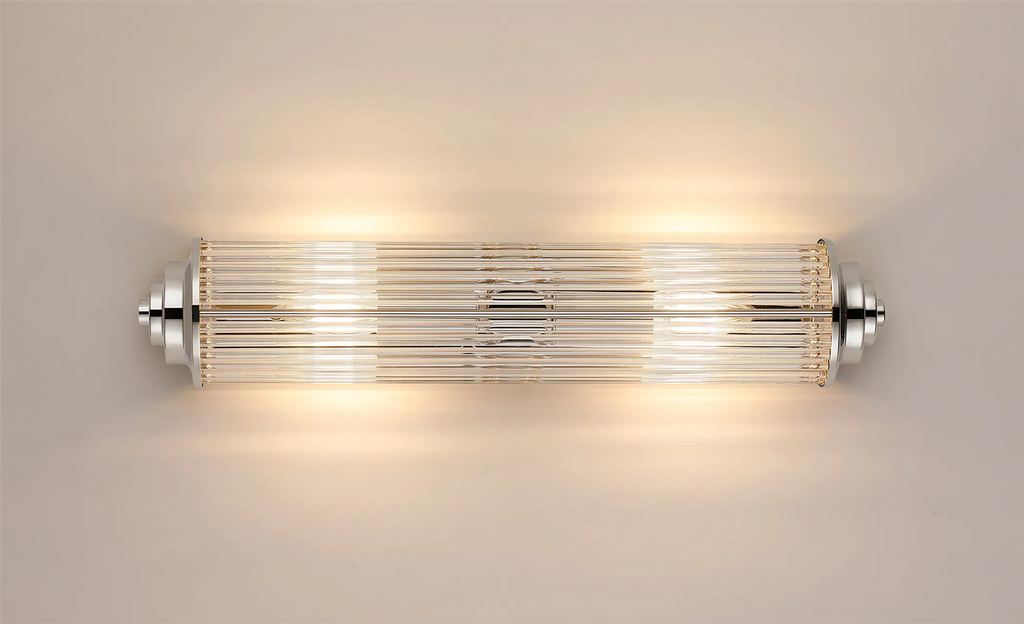Pillar 2 Light Bathroom Wall Light In Polished Nickel And Clear Glass Rods IP44 E14