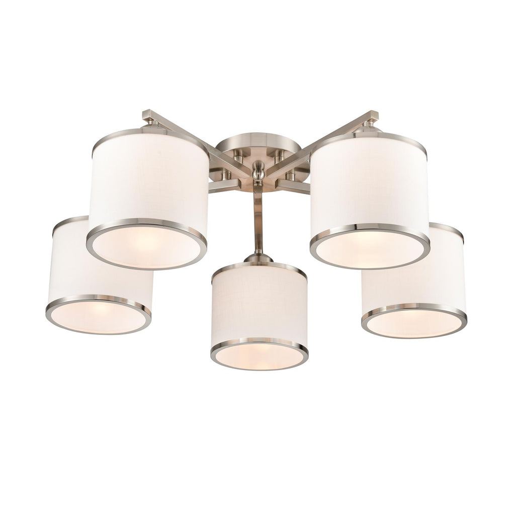 Franklite Sirius 5 Light Flush Ceiling Light In Satin Nickel With Off White Shade FL2495-5