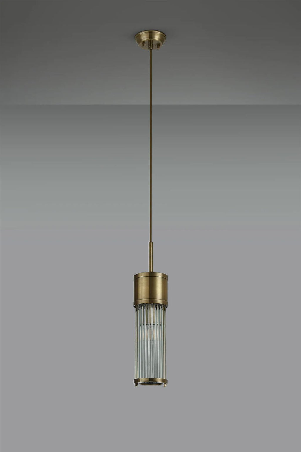 Pillar Bathroom Single Ceiling Pendant Light In Antique Brass And Clear Glass Rods IP44 E14