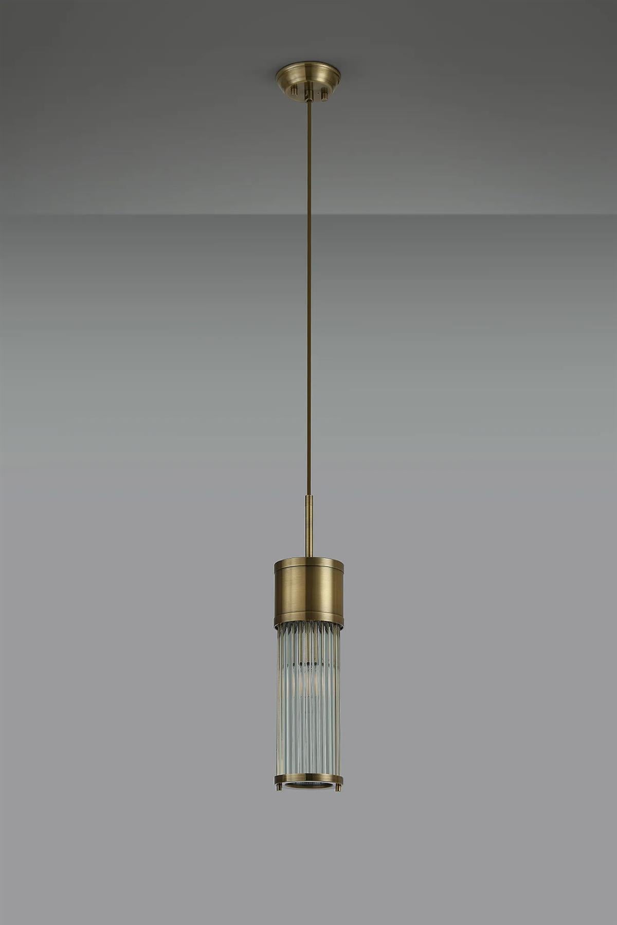 Pillar Bathroom Single Ceiling Pendant Light In Antique Brass And Clear Glass Rods IP44 E14