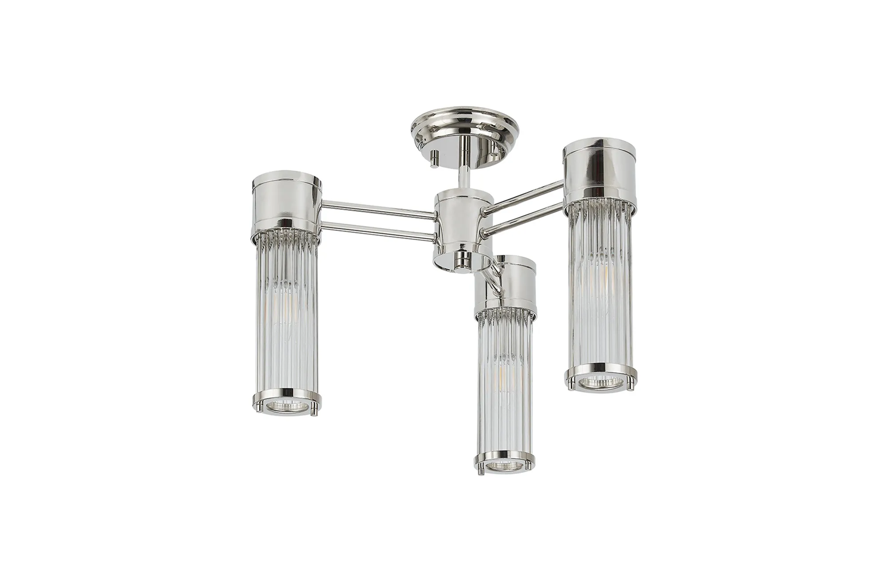 Pillar 3 Light Bathroom Semi Flush Ceiling Light In Polished Nickel And Clear Glass Rods IP44 E14