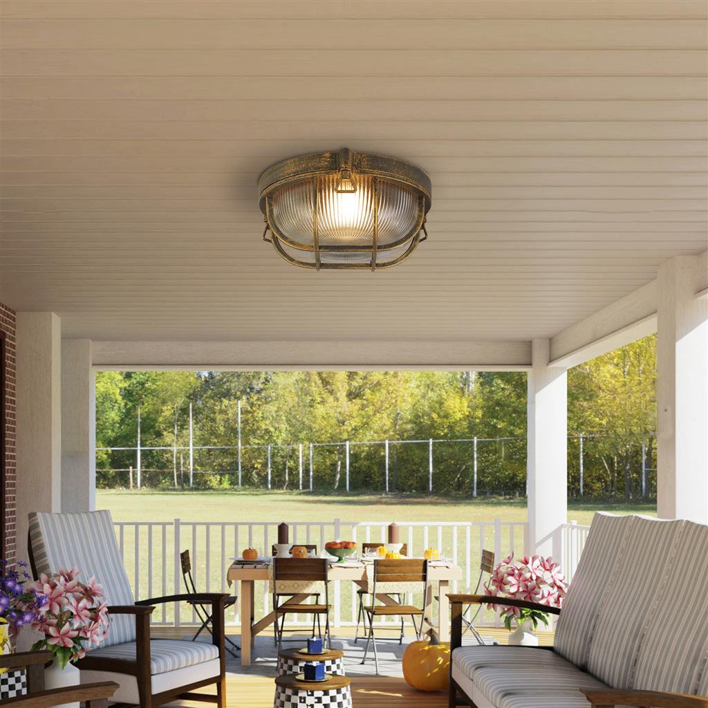 Bulkhead Round Outdoor Light -Black Gold Metal & Clear Glass 61401BG