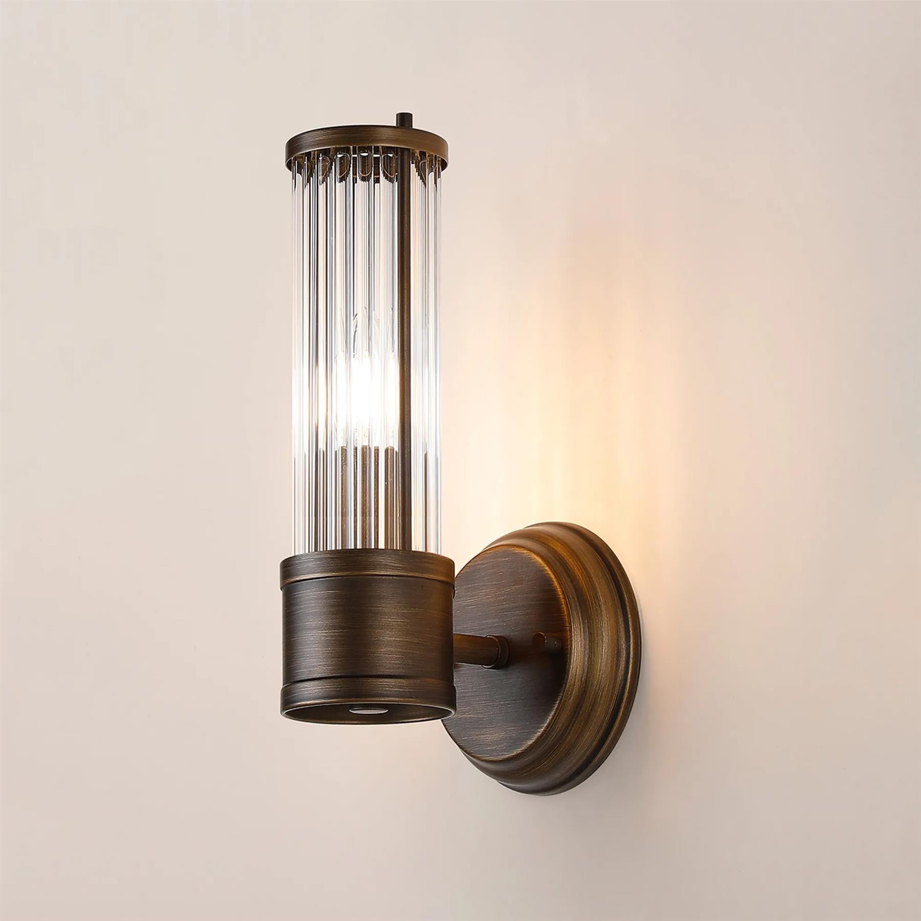 Pillar 1 Light Bathroom Wall Light In Bronze And Clear Glass Rods IP44 E14