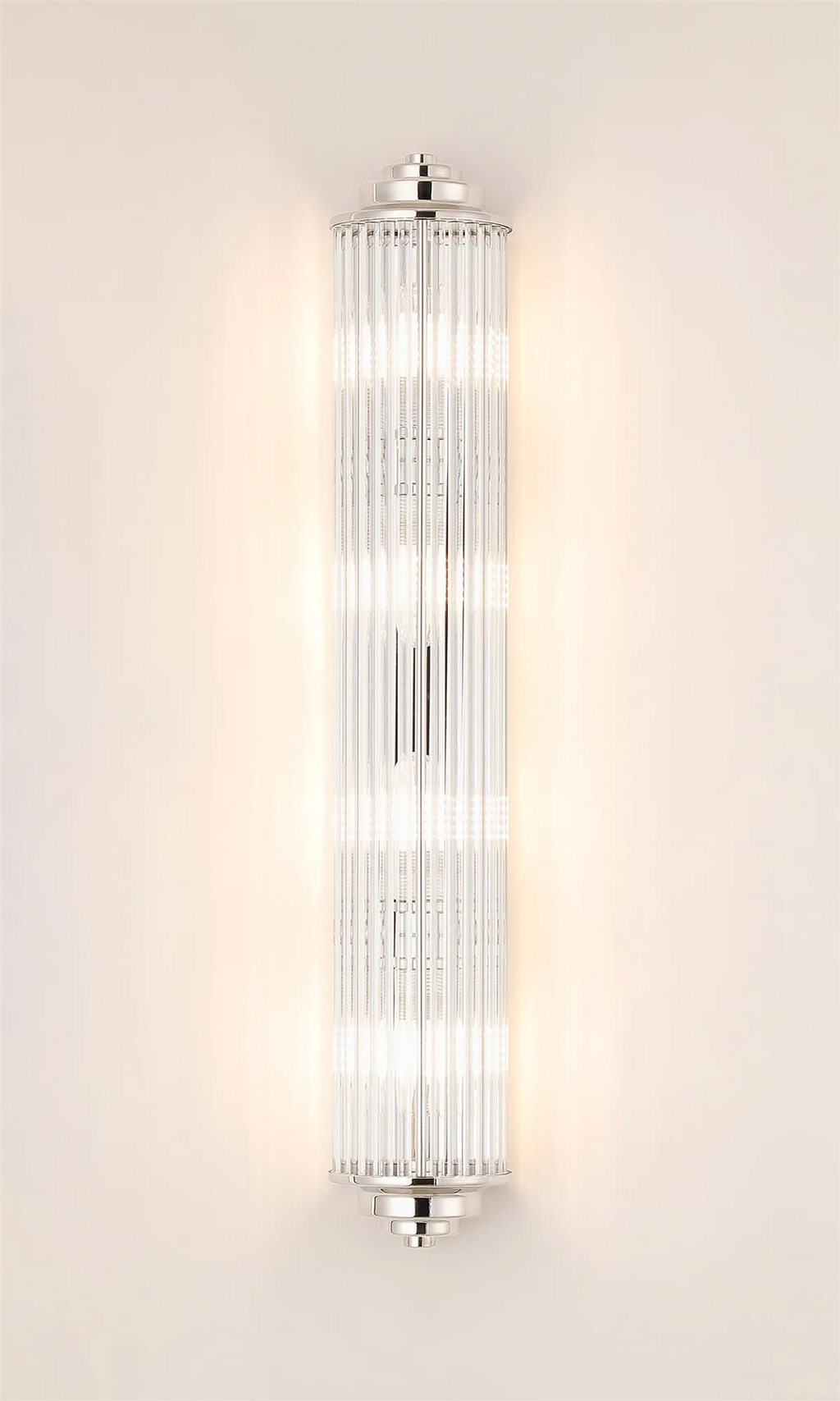 Pillar 4 Light Bathroom Wall Light In Polished Nickel And Clear Glass Rods IP44 G9