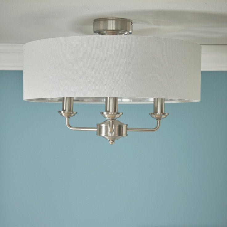 Sorrento 3 Light Semi-Flush Ceiling Light In Satin Nickel and Natural Linen Shade LA3756393-Q