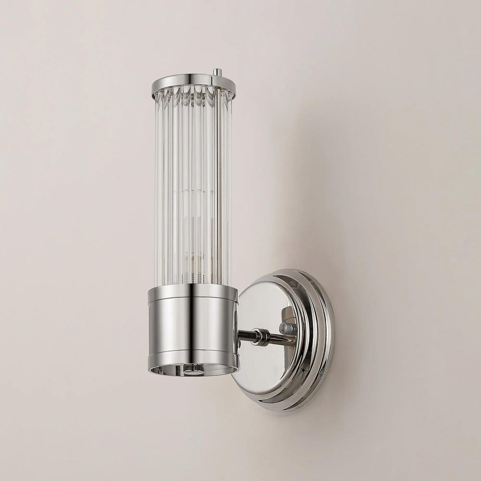 Pillar 1 Light Bathroom Wall Light In Polished Nickel And Clear Glass Rods IP44 E14