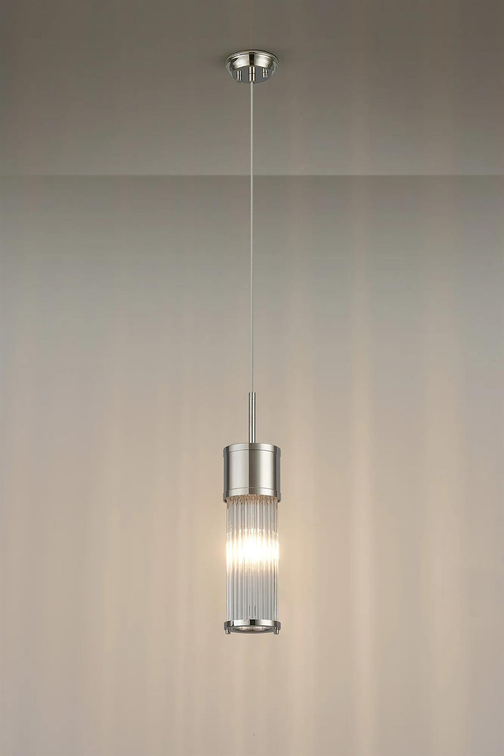 Pillar Bathroom Single Ceiling Pendant Light In Polished Nickel And Clear Glass Rods IP44 E14