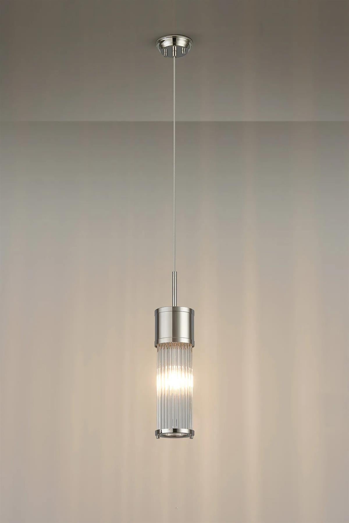 Pillar Bathroom Single Ceiling Pendant Light In Polished Nickel And Clear Glass Rods IP44 E14