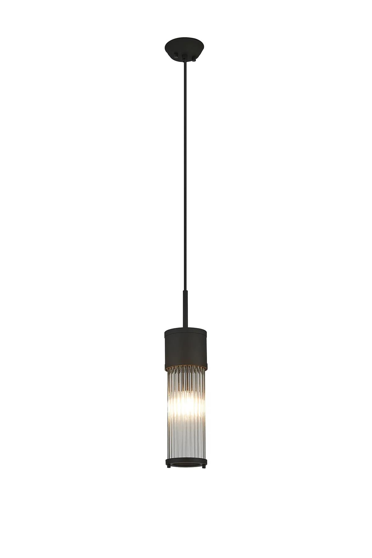 Pillar Bathroom Single Ceiling Pendant Light In Satin Black And Clear Glass Rods IP44 E14