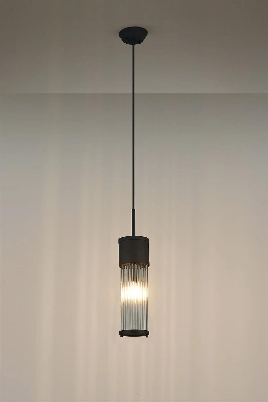 Pillar Bathroom Single Ceiling Pendant Light In Satin Black And Clear Glass Rods IP44 E14