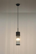 Pillar Bathroom Single Ceiling Pendant Light In Satin Black And Clear Glass Rods IP44 E14
