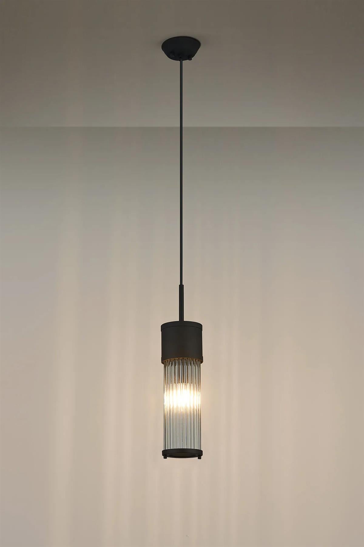 Pillar Bathroom Single Ceiling Pendant Light In Satin Black And Clear Glass Rods IP44 E14