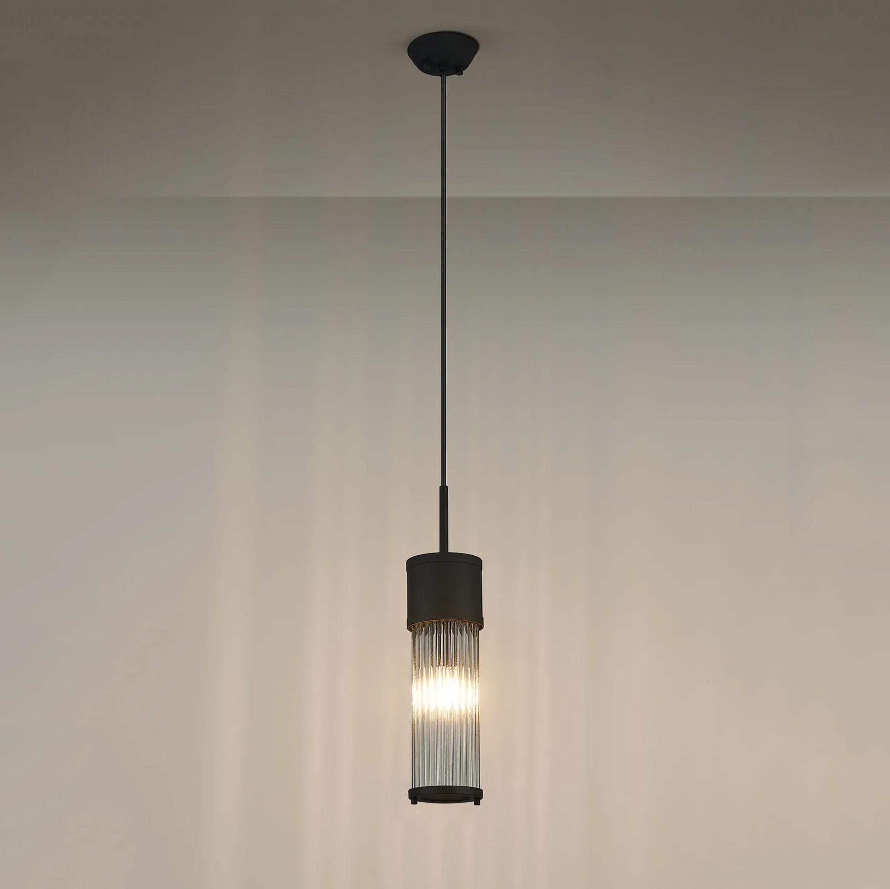 Pillar Bathroom Single Ceiling Pendant Light In Satin Black And Clear Glass Rods IP44 E14