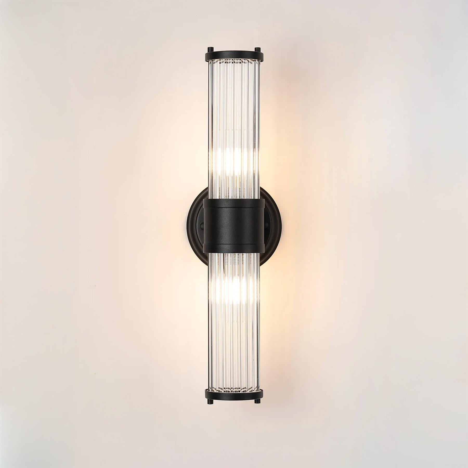 Pillar Up And Down 2 Light Bathroom Wall Light In Satin Black And Clear Glass Rods IP44 E14