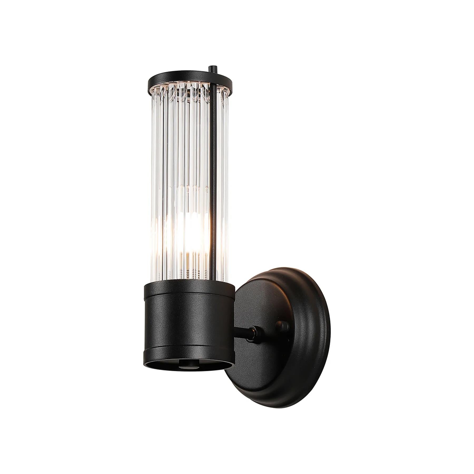 Pillar 1 Light Bathroom Wall Light In Satin Black And Clear Glass Rods IP44 E14