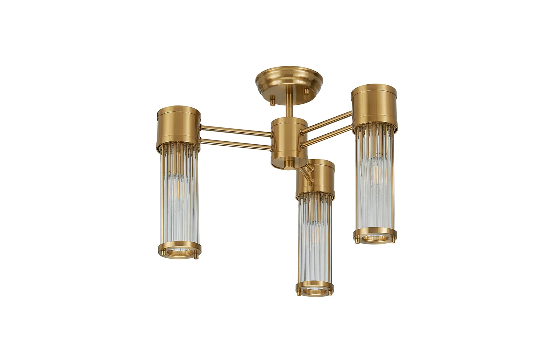 Pillar 3 Light Bathroom Semi Flush Ceiling Light In Gold And Clear Glass Rods IP44 E14