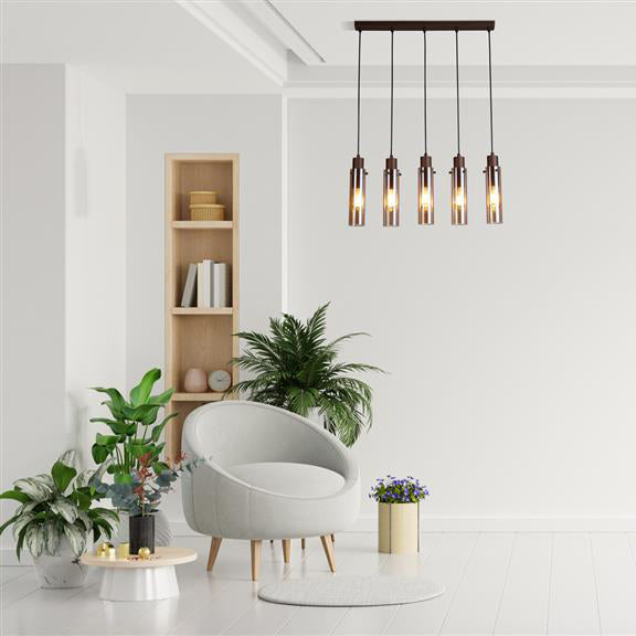 Sweden II 5Lt Ceiling Bar Pendant In Mocha Finish With Amber Glass 88921-5MO