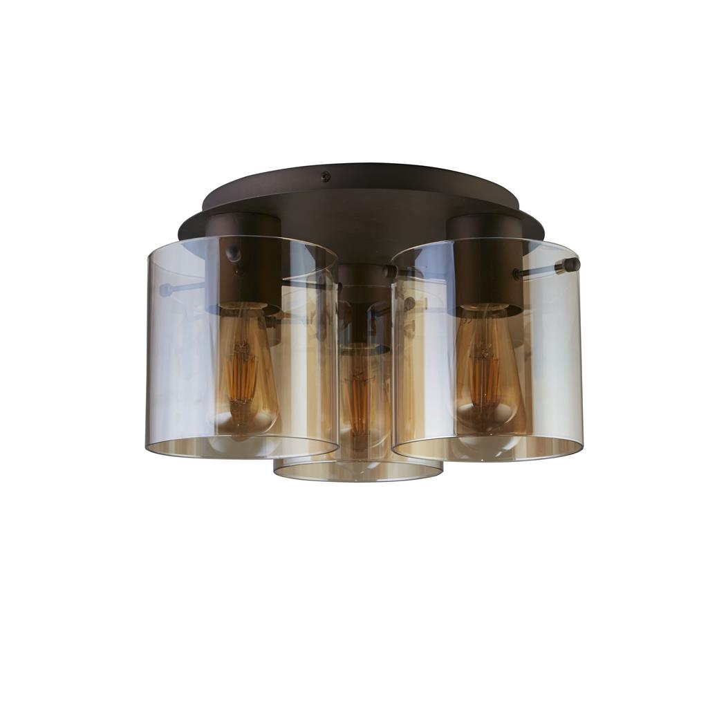 Sweden 3Lt Flush Ceiling Light In Mocha With Amber Glass 88911-3MO