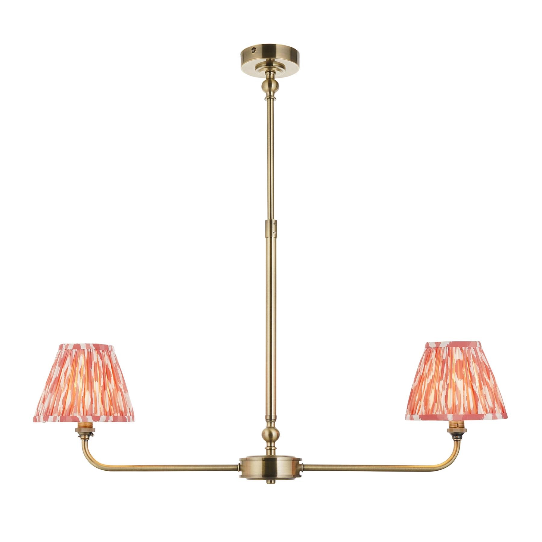 Lille 2 Light Linear Ceiling Pendant Light In Antique Brass With Coral Pink Shades 118077
