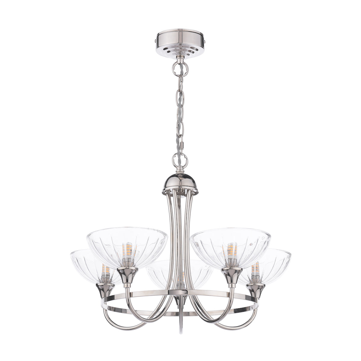 Laura Ashley Wellham 5 Light Armed Pendant Polished Nickel and Ribbed Glass LA3756606-Q
