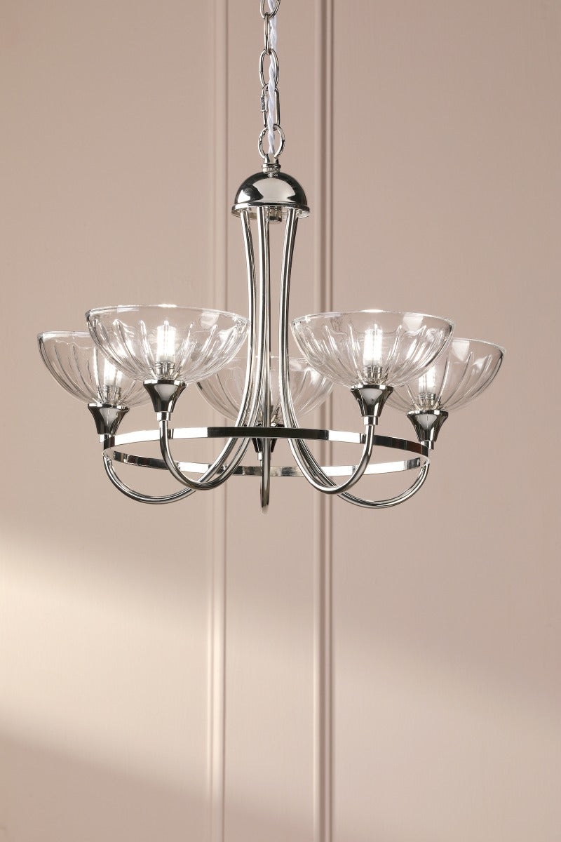 Laura Ashley Wellham 5 Light Armed Pendant Polished Nickel and Ribbed Glass LA3756606-Q