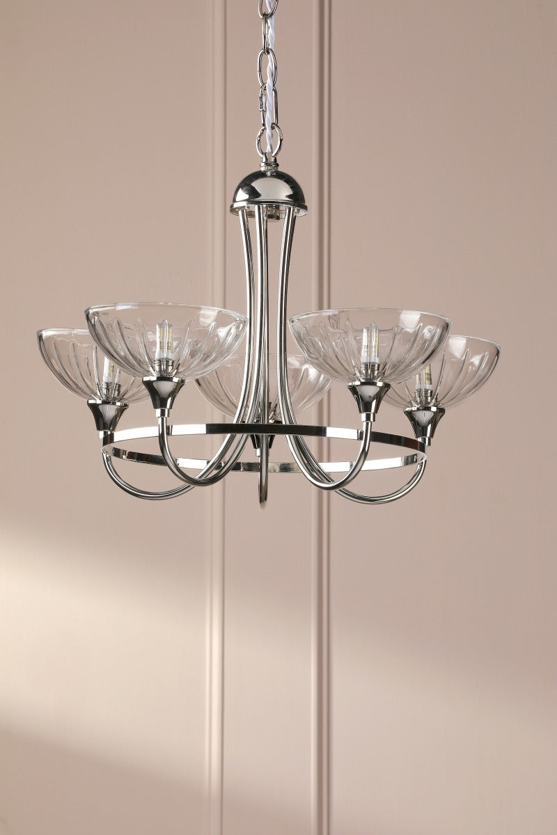 Laura Ashley Wellham 5 Light Armed Pendant Polished Nickel and Ribbed Glass LA3756606-Q